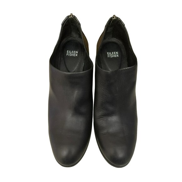 Eileen Fisher Black Leather Quote Boots Size 10 3" Block Heel Minimalist Zipper - Picture 4 of 7
